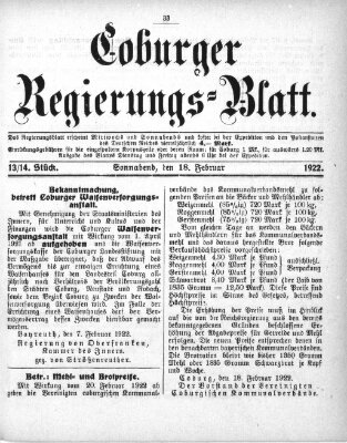 Coburger Regierungsblatt (Coburger Regierungs-Blatt) Samstag 18. Februar 1922