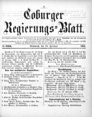 Coburger Regierungsblatt (Coburger Regierungs-Blatt) Mittwoch 22. Februar 1922