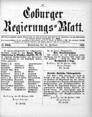 Coburger Regierungsblatt (Coburger Regierungs-Blatt) Samstag 25. Februar 1922