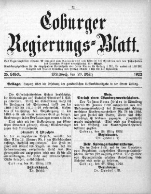 Coburger Regierungsblatt (Coburger Regierungs-Blatt) Mittwoch 29. März 1922