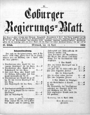 Coburger Regierungsblatt (Coburger Regierungs-Blatt) Mittwoch 12. April 1922