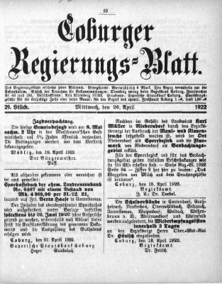 Coburger Regierungsblatt (Coburger Regierungs-Blatt) Mittwoch 26. April 1922