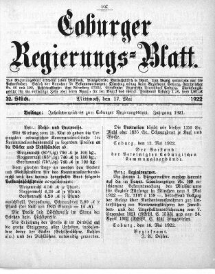 Coburger Regierungsblatt (Coburger Regierungs-Blatt) Mittwoch 17. Mai 1922