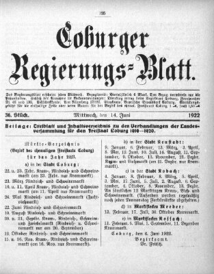 Coburger Regierungsblatt (Coburger Regierungs-Blatt) Mittwoch 14. Juni 1922