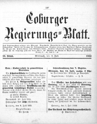 Coburger Regierungsblatt (Coburger Regierungs-Blatt) Mittwoch 5. Juli 1922