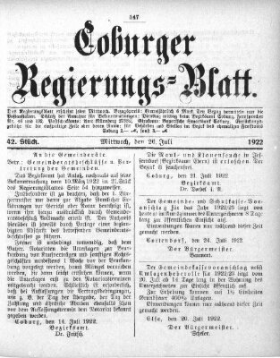 Coburger Regierungsblatt (Coburger Regierungs-Blatt) Mittwoch 26. Juli 1922