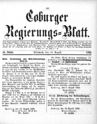 Coburger Regierungsblatt (Coburger Regierungs-Blatt) Mittwoch 16. August 1922