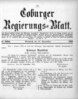 Coburger Regierungsblatt (Coburger Regierungs-Blatt) Mittwoch 27. September 1922