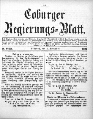 Coburger Regierungsblatt (Coburger Regierungs-Blatt) Mittwoch 1. November 1922