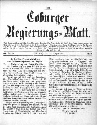 Coburger Regierungsblatt (Coburger Regierungs-Blatt) Mittwoch 6. Dezember 1922