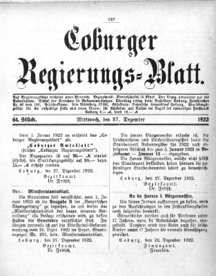 Coburger Regierungsblatt (Coburger Regierungs-Blatt) Mittwoch 27. Dezember 1922