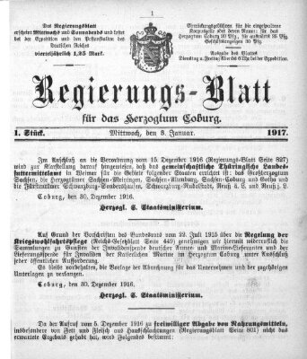 Regierungs-Blatt für das Herzogtum Coburg (Coburger Regierungs-Blatt) Mittwoch 3. Januar 1917