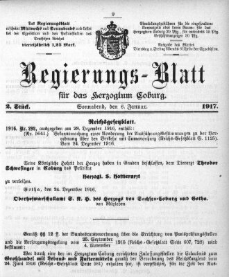 Regierungs-Blatt für das Herzogtum Coburg (Coburger Regierungs-Blatt) Samstag 6. Januar 1917