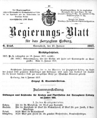 Regierungs-Blatt für das Herzogtum Coburg (Coburger Regierungs-Blatt) Samstag 20. Januar 1917