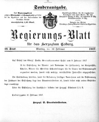 Regierungs-Blatt für das Herzogtum Coburg (Coburger Regierungs-Blatt) Montag 12. Februar 1917