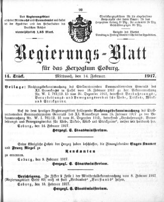 Regierungs-Blatt für das Herzogtum Coburg (Coburger Regierungs-Blatt) Mittwoch 14. Februar 1917