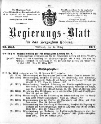 Regierungs-Blatt für das Herzogtum Coburg (Coburger Regierungs-Blatt) Mittwoch 14. März 1917