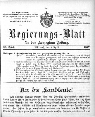 Regierungs-Blatt für das Herzogtum Coburg (Coburger Regierungs-Blatt) Mittwoch 4. April 1917