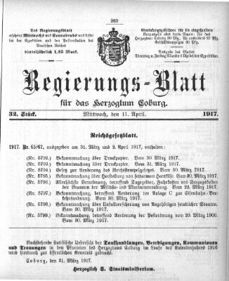 Regierungs-Blatt für das Herzogtum Coburg (Coburger Regierungs-Blatt) Mittwoch 11. April 1917