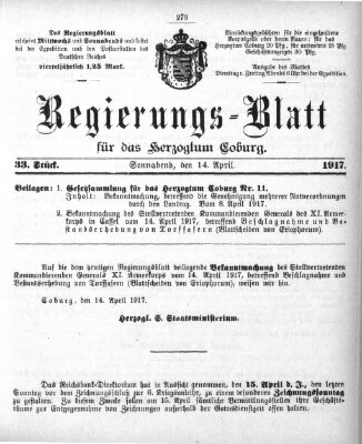 Regierungs-Blatt für das Herzogtum Coburg (Coburger Regierungs-Blatt) Samstag 14. April 1917