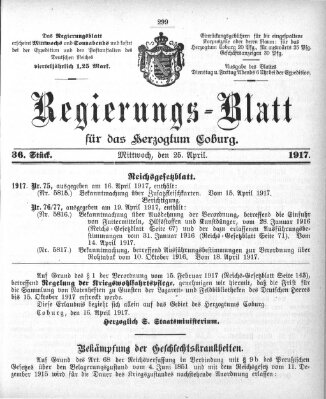 Regierungs-Blatt für das Herzogtum Coburg (Coburger Regierungs-Blatt) Mittwoch 25. April 1917