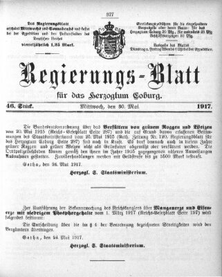 Regierungs-Blatt für das Herzogtum Coburg (Coburger Regierungs-Blatt) Mittwoch 30. Mai 1917