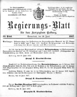 Regierungs-Blatt für das Herzogtum Coburg (Coburger Regierungs-Blatt) Samstag 23. Juni 1917