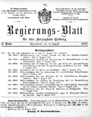 Regierungs-Blatt für das Herzogtum Coburg (Coburger Regierungs-Blatt) Samstag 18. August 1917