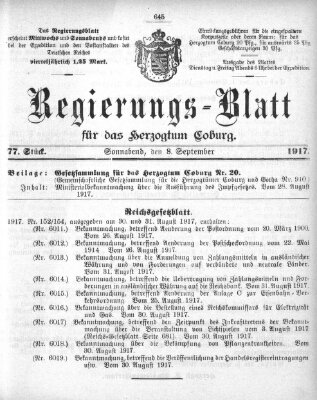 Regierungs-Blatt für das Herzogtum Coburg (Coburger Regierungs-Blatt) Samstag 8. September 1917