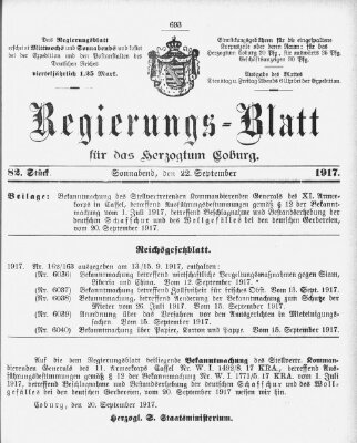 Regierungs-Blatt für das Herzogtum Coburg (Coburger Regierungs-Blatt) Samstag 22. September 1917