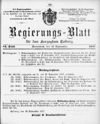 Regierungs-Blatt für das Herzogtum Coburg (Coburger Regierungs-Blatt) Samstag 29. September 1917