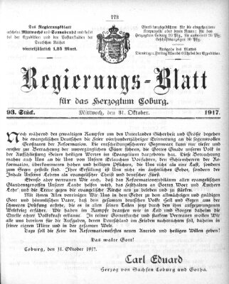 Regierungs-Blatt für das Herzogtum Coburg (Coburger Regierungs-Blatt) Mittwoch 31. Oktober 1917