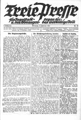 Freie Presse für Ingolstadt u. den Donaugau (Ingolstädter Anzeiger) Mittwoch 15. Februar 1922