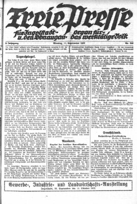 Freie Presse für Ingolstadt u. den Donaugau (Ingolstädter Anzeiger) Montag 11. September 1922