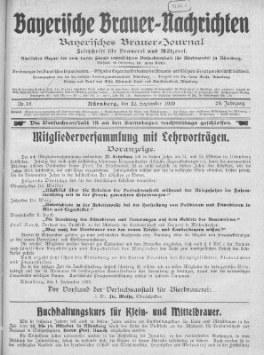 Bayerische Brauer-Nachrichten (Bayerisches Brauer-Journal) Montag 22. September 1919