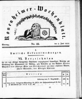 Rosenheimer Wochenblatt (Rosenheimer Anzeiger) Sonntag 2. Juni 1833