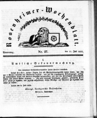 Rosenheimer Wochenblatt (Rosenheimer Anzeiger) Donnerstag 11. Juli 1833