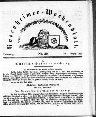 Rosenheimer Wochenblatt (Rosenheimer Anzeiger) Donnerstag 1. August 1833