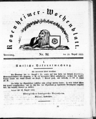 Rosenheimer Wochenblatt (Rosenheimer Anzeiger) Donnerstag 29. August 1833