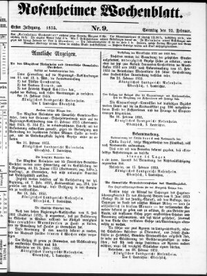 Rosenheimer Wochenblatt (Rosenheimer Anzeiger) Sonntag 25. Februar 1855