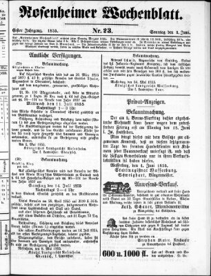 Rosenheimer Wochenblatt (Rosenheimer Anzeiger) Sonntag 3. Juni 1855