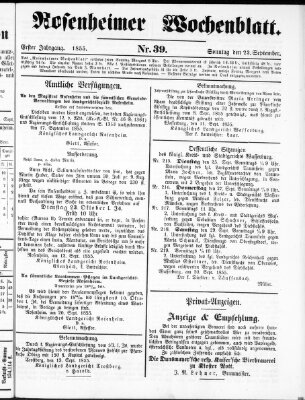 Rosenheimer Wochenblatt (Rosenheimer Anzeiger) Sonntag 23. September 1855