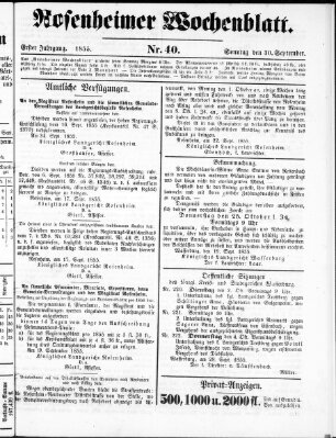 Rosenheimer Wochenblatt (Rosenheimer Anzeiger) Sonntag 30. September 1855