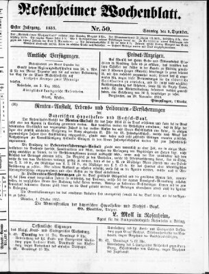 Rosenheimer Wochenblatt (Rosenheimer Anzeiger) Sonntag 9. Dezember 1855