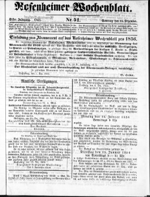 Rosenheimer Wochenblatt (Rosenheimer Anzeiger) Samstag 15. Dezember 1855