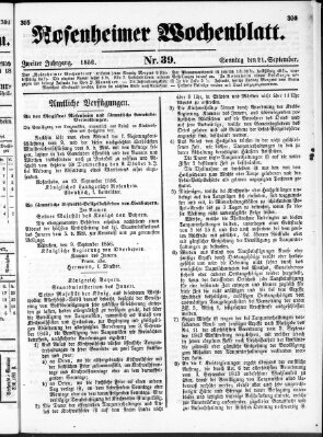 Rosenheimer Wochenblatt (Rosenheimer Anzeiger) Sonntag 21. September 1856