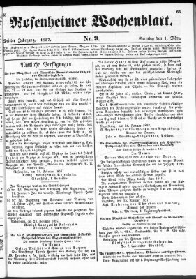 Rosenheimer Wochenblatt (Rosenheimer Anzeiger) Sonntag 1. März 1857