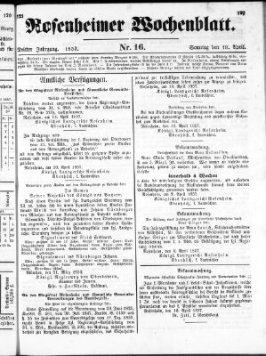 Rosenheimer Wochenblatt (Rosenheimer Anzeiger) Sonntag 19. April 1857