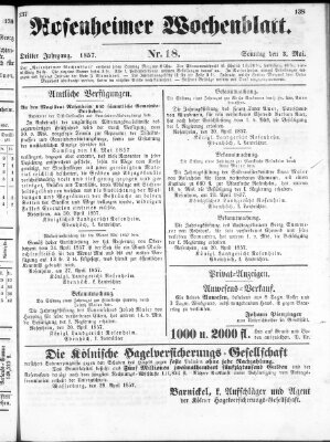 Rosenheimer Wochenblatt (Rosenheimer Anzeiger) Sonntag 3. Mai 1857