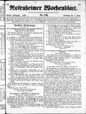 Rosenheimer Wochenblatt (Rosenheimer Anzeiger) Sonntag 7. Juni 1857